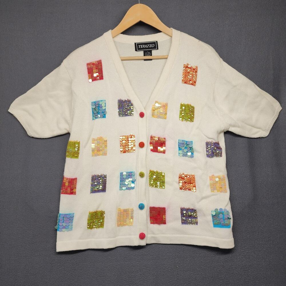 Terazzo Cardigan Sweater Womens Large White Short Sleeve V Neck Sequin Patchwork